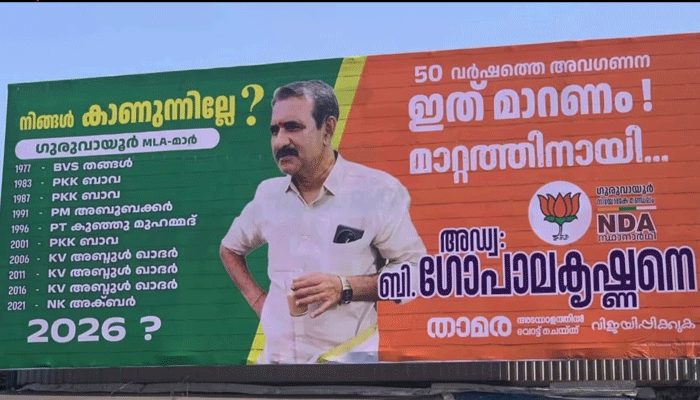 ഗുരുവായൂരിൽ വിവാദ ഫ്ലക്സുമായി ബിജെപി സ്ഥാനാർത്ഥി ബി ഗോപാലകൃഷ്ണൻ b gop